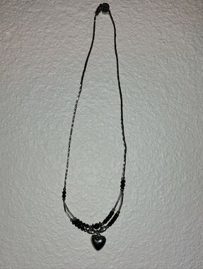 Silver Tone Heart Pendant Necklace with Black Onyx Beads – Classic & Elegant